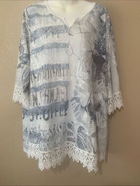 5. Picadilly size XXL Lace-Trim Light Blue & White Printed Tunic Top